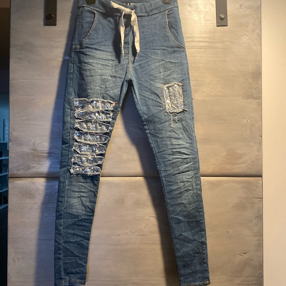 Venti 6 Made in Italy. Denim Sequin Crinkle Joggers.